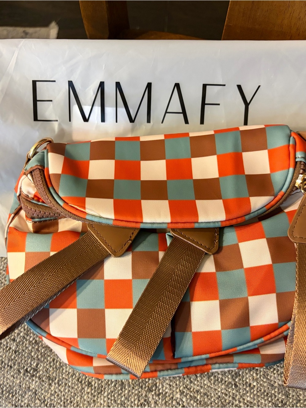 NWT Effamy Mini Bum Checkerboard Crossbody Bag in Orange, Teal & Brown